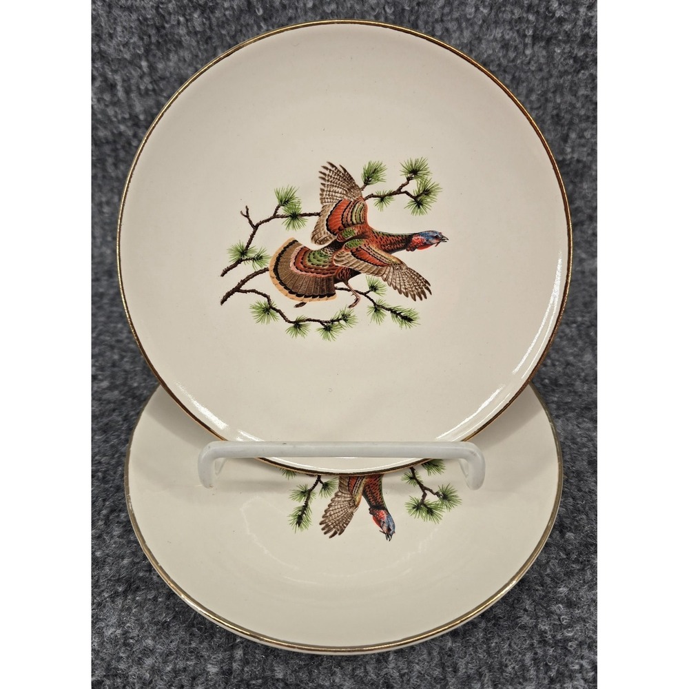 Set of 4 Vtg Sabin USA Bread Plates 6" Wild Turkeys in Flight Game Birds MCM